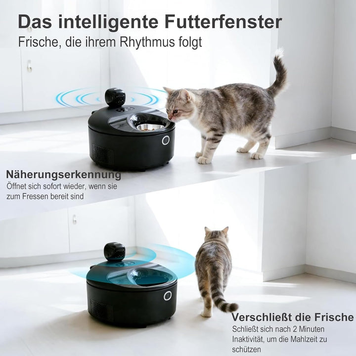 Automatischer Katzenfutterspender für Nassfutter, Überwachter 2-in-1 Kühlfutterautomat mit Halbleite
