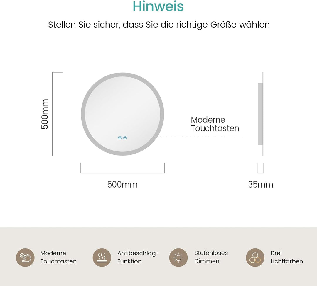 EMKE Badspiegel mit Beleuchtung Rund 50cm, Badezimmerspiegel mit dimmbarer Beleuchtung, 3 Lichtfarbe