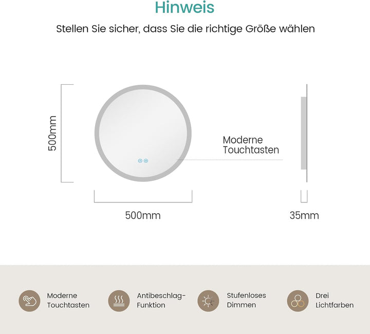 EMKE Badspiegel mit Beleuchtung Rund 50cm, Badezimmerspiegel mit dimmbarer Beleuchtung, 3 Lichtfarbe