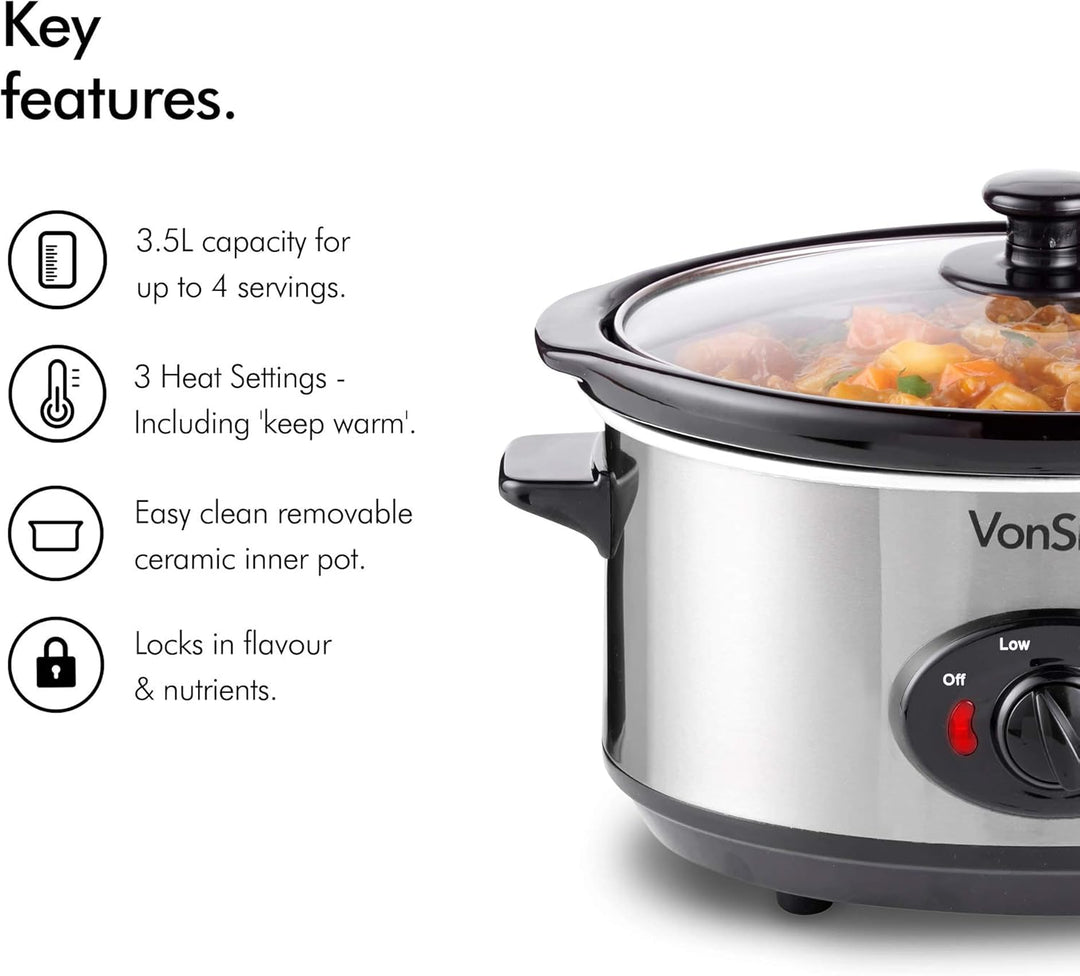 VonShef Schongarer Slow Cooker 3,5L mit Glasdeckel – Edelstahl