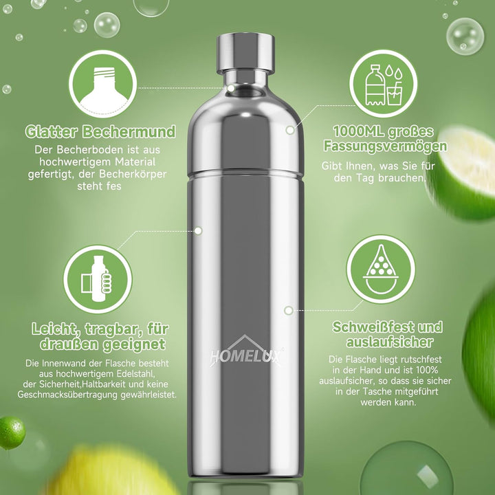 HOMELUX 1L Edelstahl Flasche, Kompatibel mit Philips und anderen Wassersprudler, Spülmschinenfeste T