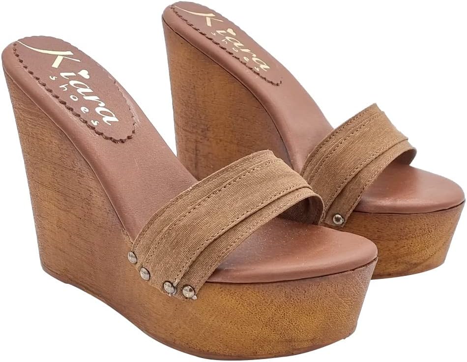 Damen Clogs mit 13 cm Keilabsatz Doppelband Braun - KZ3101 MARRONE (35 EU, BRAUN) 35 EU Braun, 35 EU