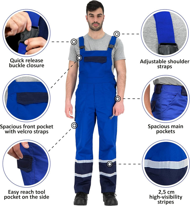 BWOLF Char Latzhose Herren Arbeitshose Schutz-Latzhose Herren mit Reflektierenden Elementen - Blau/G