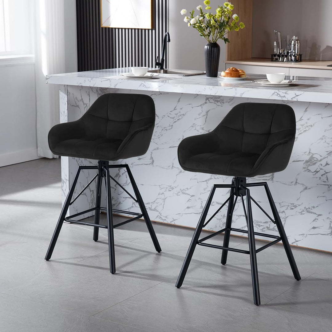 WOLTU Barhocker 2er Set, Barstuhl mit Lehne, Samt, Schwarz | Bistrohocker 360°drehbar, Tresenhocker