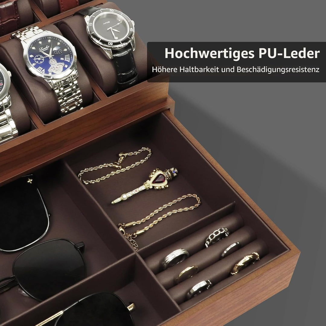 KAMIER Edle Uhrenbox Herren mit 10 Fächern, 2 Ebenen, Acryl-Deckel, Schublade & herausnehmbaren Kiss