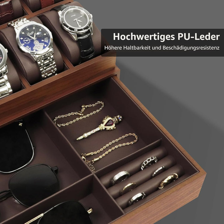 KAMIER Edle Uhrenbox Herren mit 10 Fächern, 2 Ebenen, Acryl-Deckel, Schublade & herausnehmbaren Kiss