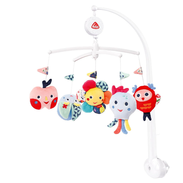 Fehn Musik Mobile COLOR Friends - Baby Einschlafhilfe Musikspielzeug mit süssen Tieren - Babymobile