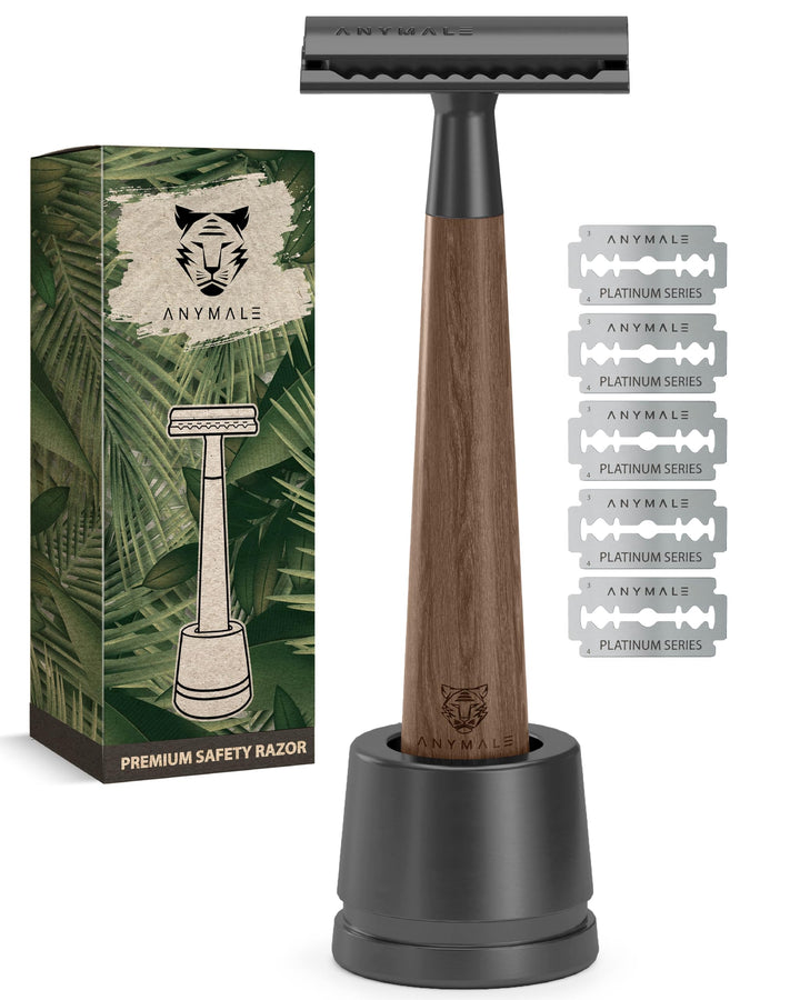 ANYMALE® Rasierhobel aus Walnussholz - Set mit Ständer und 5 ASTRA Klingen - Zero Waste Rasierer für