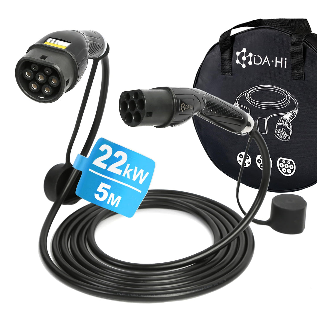 EV Ladekabel Typ 2 für Elektroauto und PHEV 22KW 32A 3-phasig 5m, in chic-schwarz, IP54 Wind-, Regen