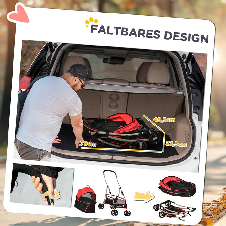 PawHut Hundewagen 2 in 1 Hundebuggy Faltbar klappbar Katzenwagen bis 10kg mit Aufbewahrungskorb, Kis