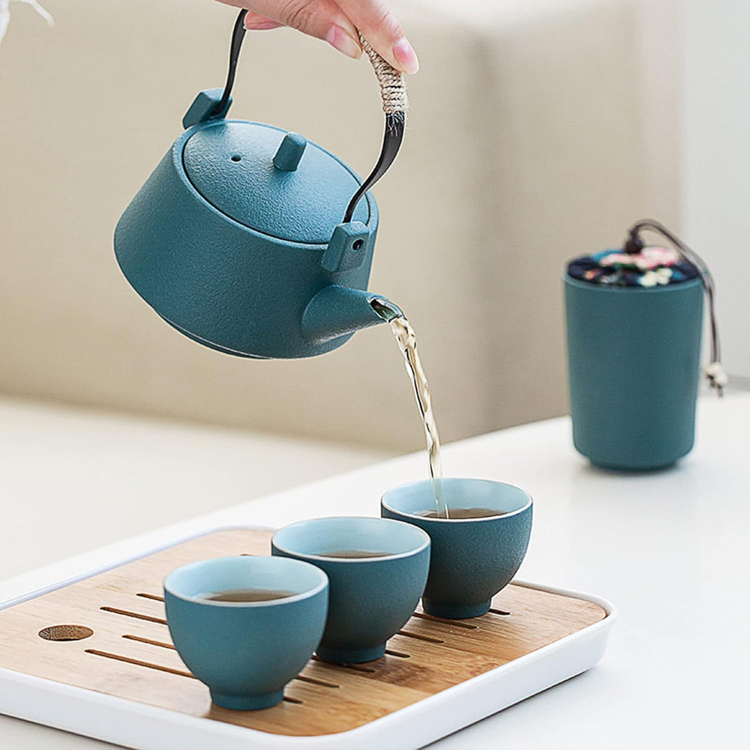 fanquare Japanisches Tragbare Reise Tee Set mit Reisetasche, Grün Chinesisches Tee Set aus Keramik,