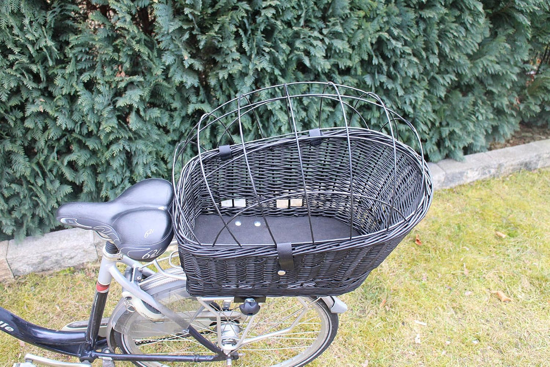 Hundefahrradkorb für Gepäckträger aus Weide mit Metallgitter und Kissen in Schwarz Gepäckträgerkorb