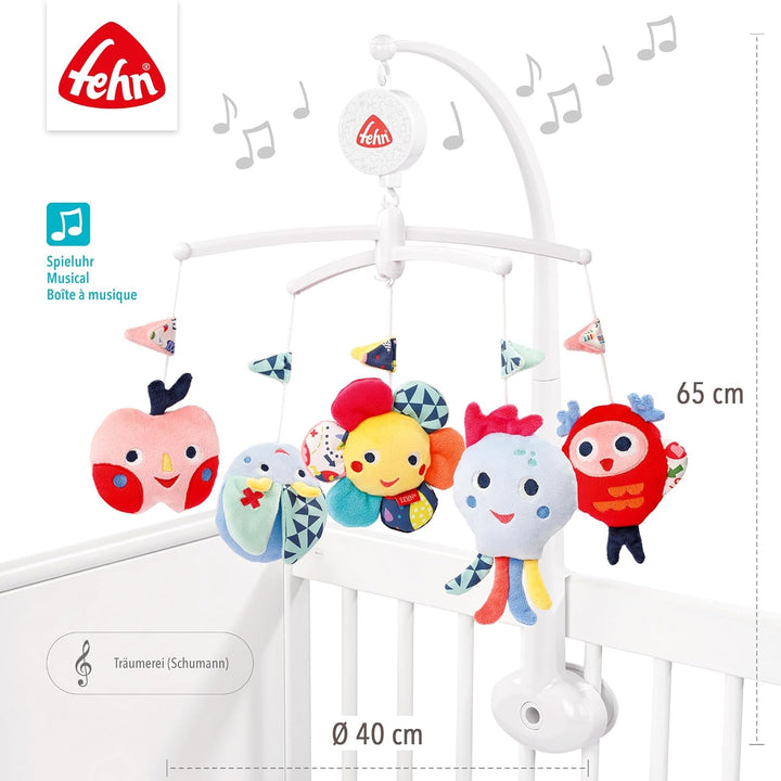 Fehn Musik Mobile COLOR Friends - Baby Einschlafhilfe Musikspielzeug mit süssen Tieren - Babymobile