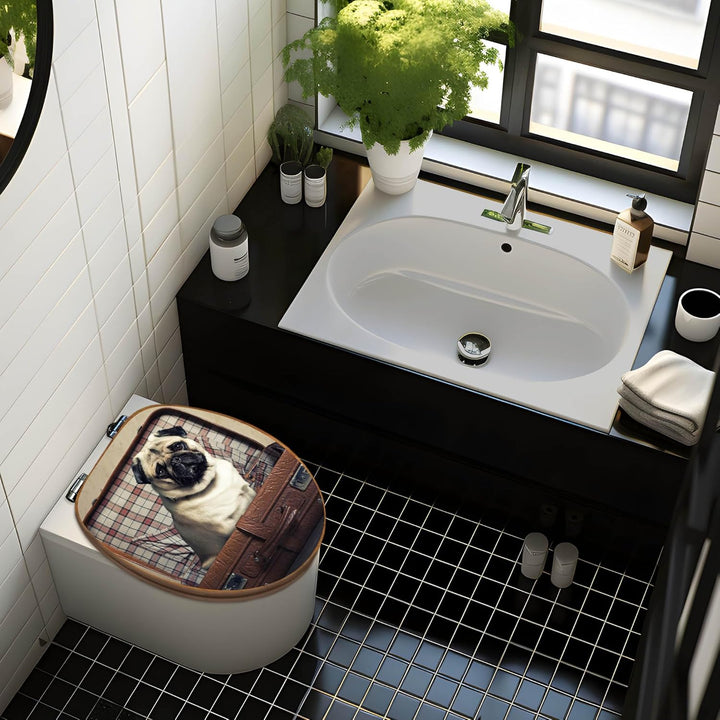 banjado® Design WC Sitz Bambus Absenkautomatik mit Motiv Mops im Koffer/Toilettendeckel mit Absenkau