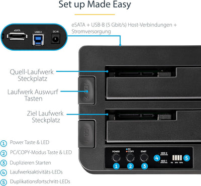 StarTech.com Dual-Bay Festplatten-Kopierer, Selbständiger USB 3.0 (5 Gbit/s) / eSATA auf 2.5/3.5" SA