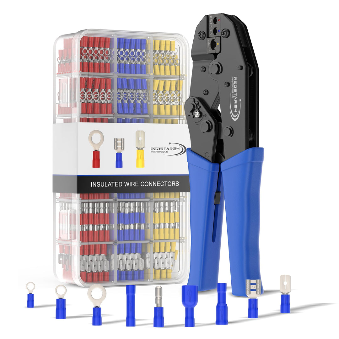 Crimpzange Kabelschuhe Set inkl. 700 Stück Steckverbinder, Quetschverbinder, Flachstecker, Flachstec