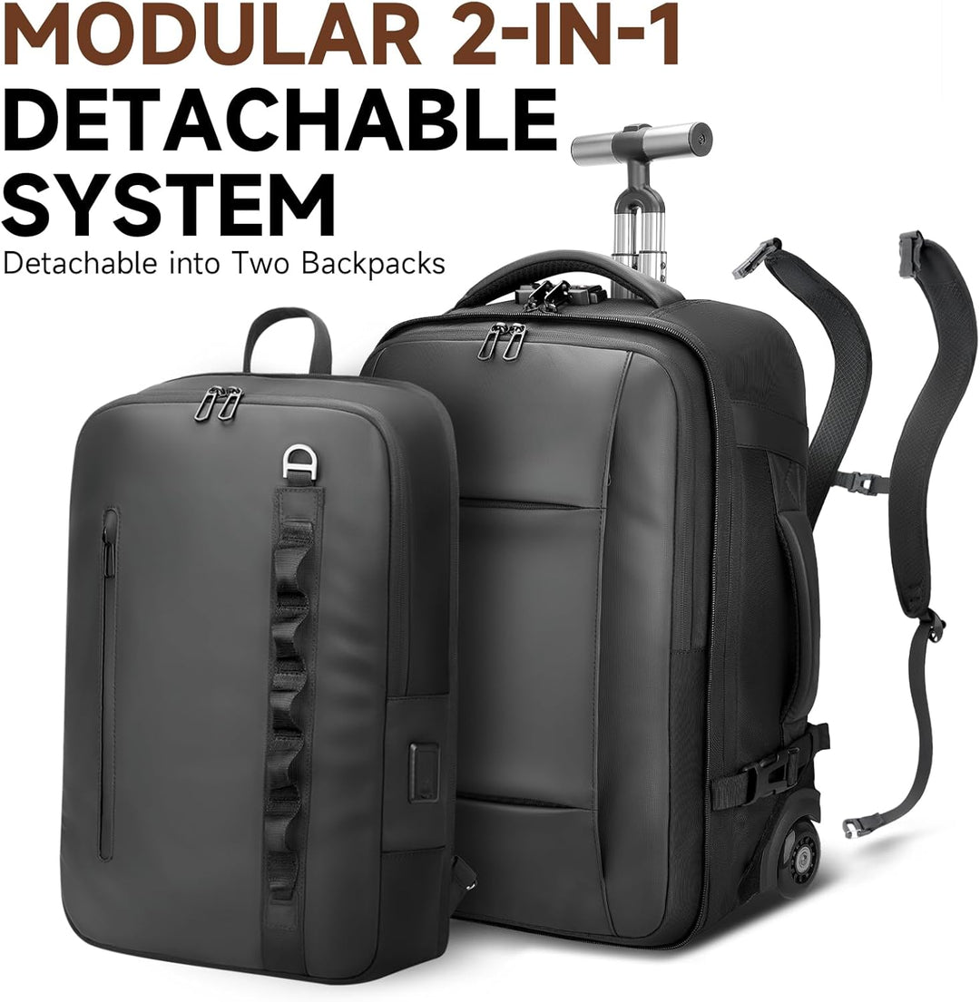 2-in-1-Reiserucksack mit Rollen, 50L Rucksack Trolley mit 17,3" Laptopfach- Handgepäck mit USB-C-Ans