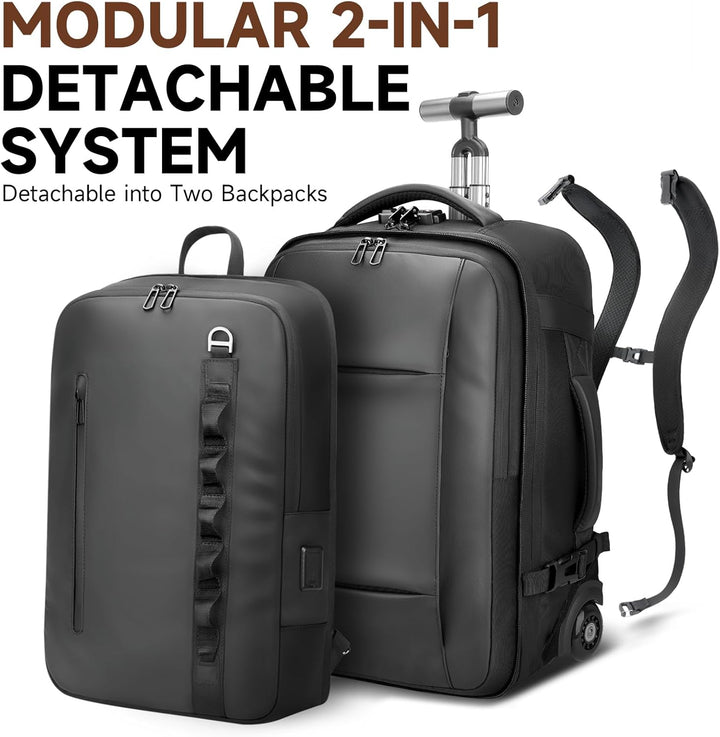2-in-1-Reiserucksack mit Rollen, 50L Rucksack Trolley mit 17,3" Laptopfach- Handgepäck mit USB-C-Ans