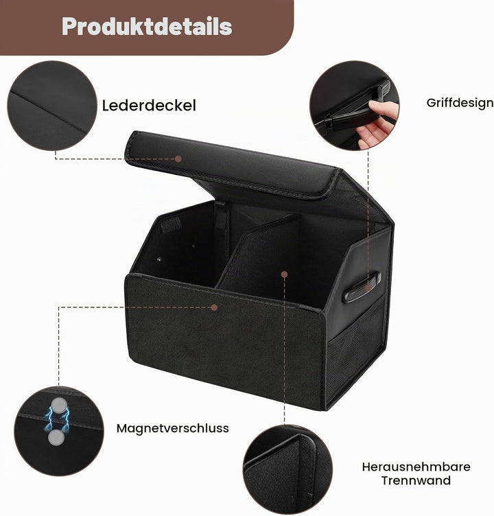 Auto Kofferraum Organizer, 40L Faltbare Leder Kofferraumtasche mit Deckel 44 * 31 * 29cm Autobox Was