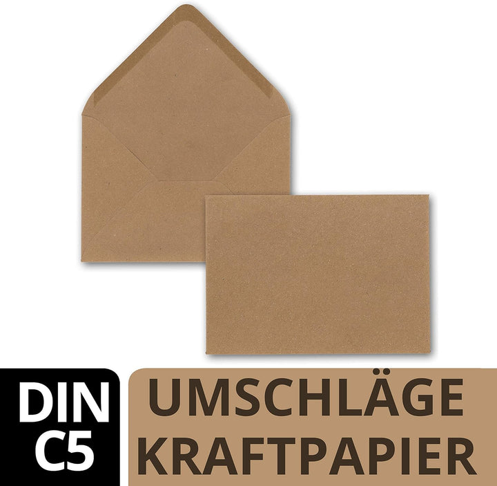150 x Kraftpapier Umschläge DIN C5 Braun - 22,5 x 15,7 cm ohne Fenster 120 g/m² - Vintage Briefumsch