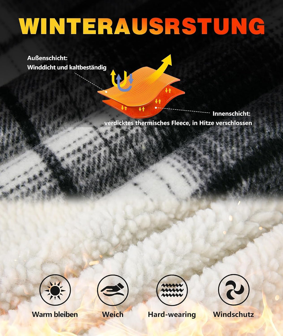 JACKETOWN Hemdjacke Herren Kariertes Winterjacke Thermohemd Fleece Gefüttert Freizeit Jacke mit Kapu