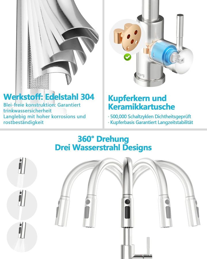 Wasserhahn Küche, Hochdruck Küchenarmatur mit Brause | 304 Edelstahl Küchenarmatur Ausziehbar, Armat