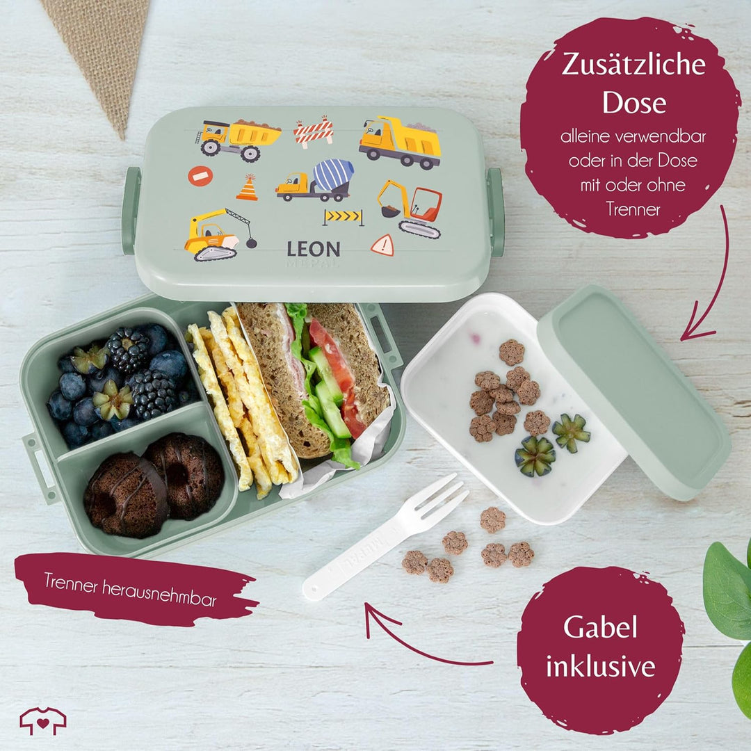 Kinder Bento Box Midi für Mepal Bentobox - Brotbox Bagger mit Name Lunchbox Baustelle Jausenbox Baus