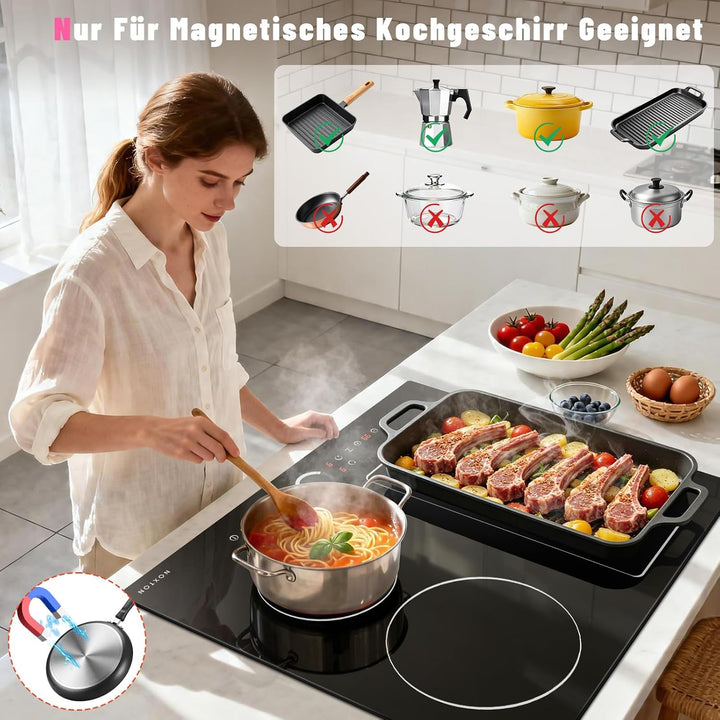 NOXTON Induktionskochfeld 60 cm, Einbau Kochfeld Induktion 4 Platten mit Flexzone Autarkes Induktion