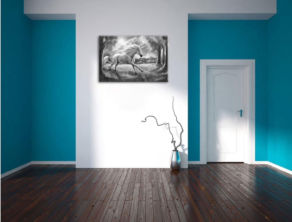 Pixxprint Einhorn im Wald B&W / 100x70cm Leinwandbild bespannt auf Holzrahmen/Wandbild Kunstdruck De