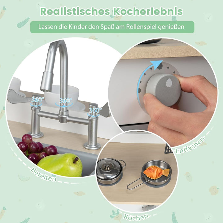 COSTWAY 2 in 1 Kinderküche mit Zubehör, Spielküche mit Restaurant zum Kochen &amp; Servieren, Holzküche