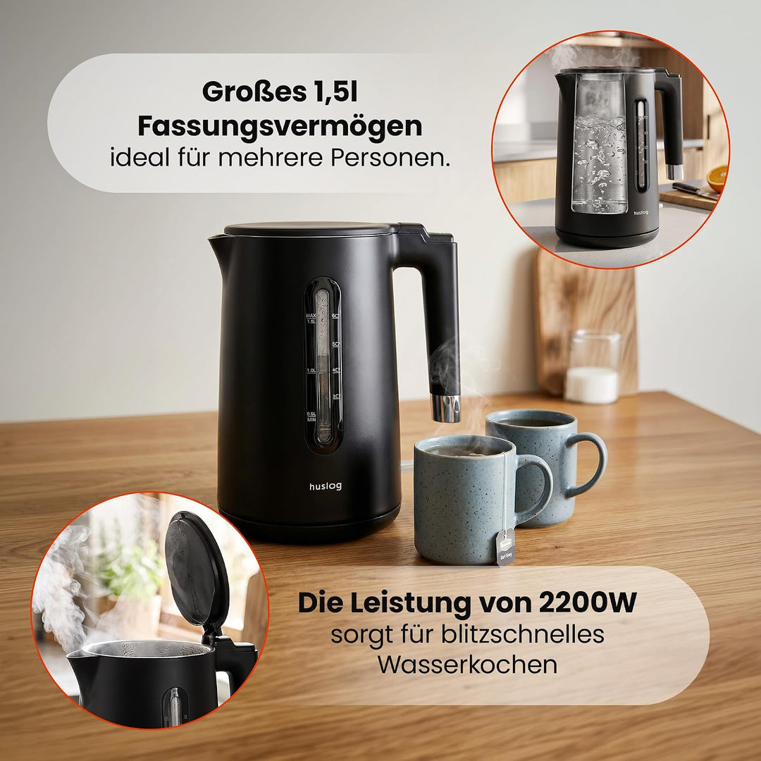 Wasserkocher 1,5L 2200W Double Wall Cool-Touch Edelstahl 304, BPA-frei, mit Wasserstandsanzeige, 360