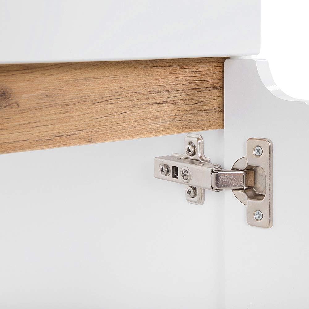 Lomadox Badmöbel Unterschrank Hochglanz weiss mit Wotaneiche, 1 Türe, 1 Softclose-Schubkasten, B/H/T