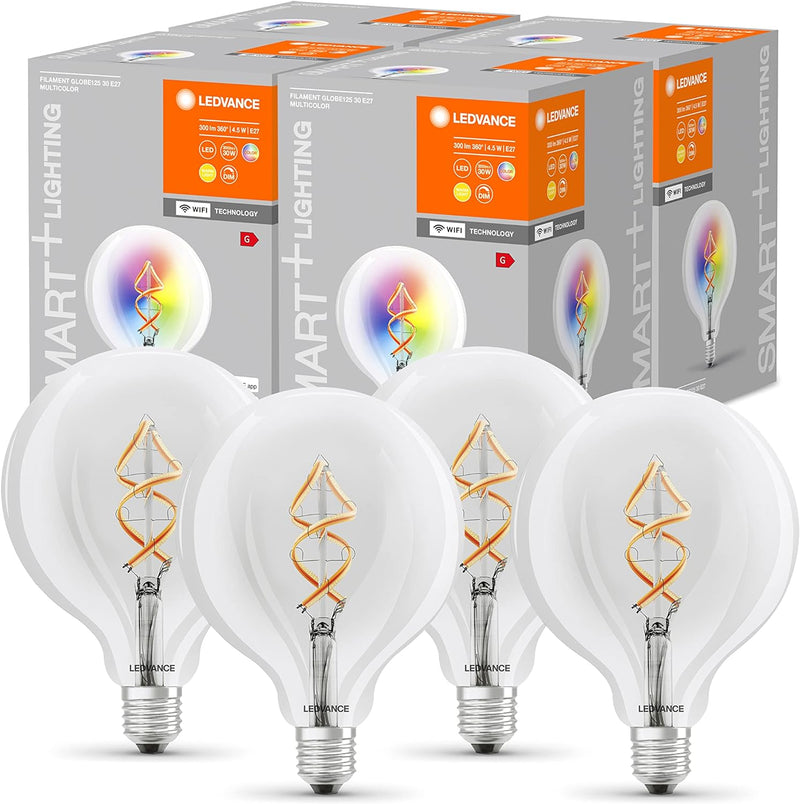 LEDVANCE Smarte LED-Lampe mit Wifi Technologie, E27, RGB, Globeform, Farbiges Filament als Stimmungs