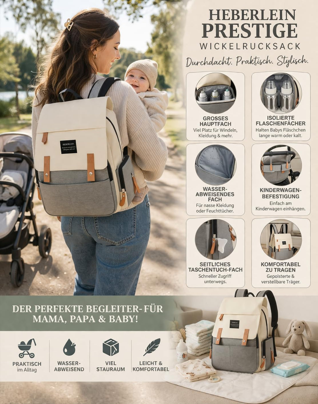 Heberlein Prestige Wickelrucksack, lässige Wickeltasche/Babytasche, praktisch gross, Rucksack für Ma