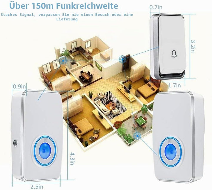 『Keine Batterie Erforderlich』Drahtlose Türklingel wasserdicht, AURTEC-Türklingel-Kit mit 2 Empfänger