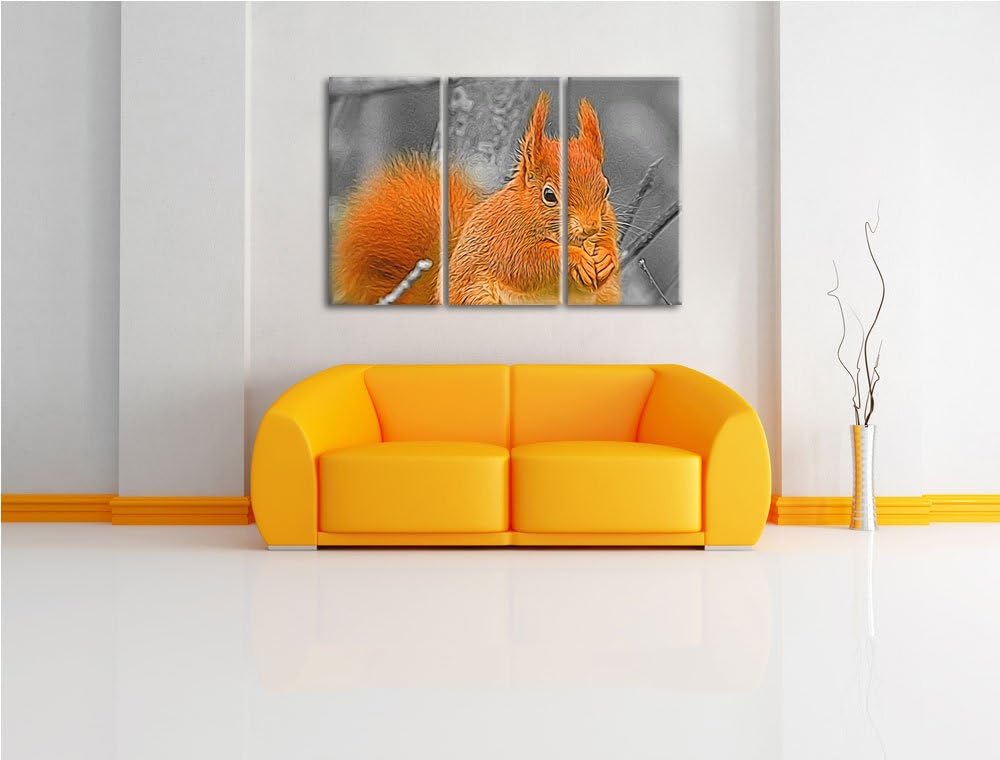 freches Eichhörnchen beim Fressen schwarz/weiss Deluxe 3-Teiler Leinwandbild 120x80 Bild auf Leinwan