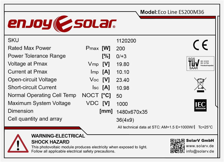 enjoy solar® 200W 12V Monokristallines Solarmodul, PERC 9BB - Solarpanel ideal für Wohnmobil, Balkon