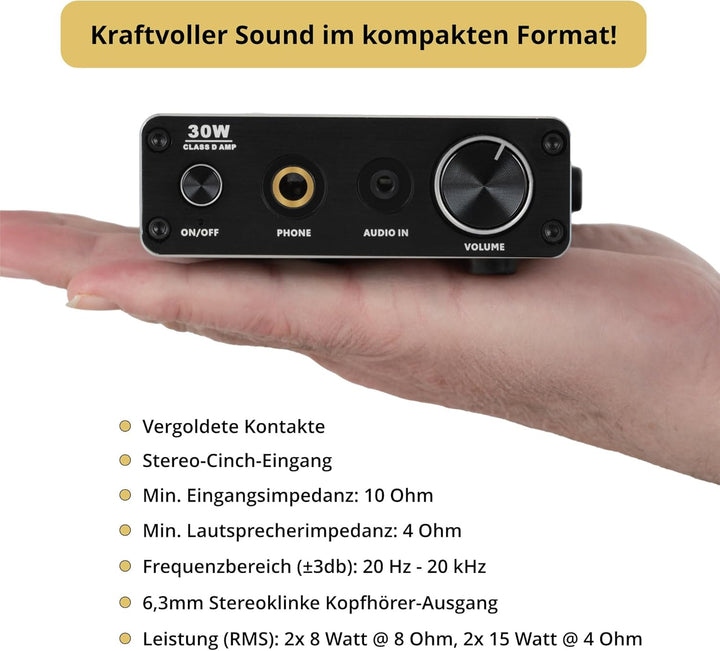 Pronomic MAMP-215 Mini-HiFi-Verstärker (2x15 Watt Leistung, ultrakompakter Stereo-Verstärker, Klinke