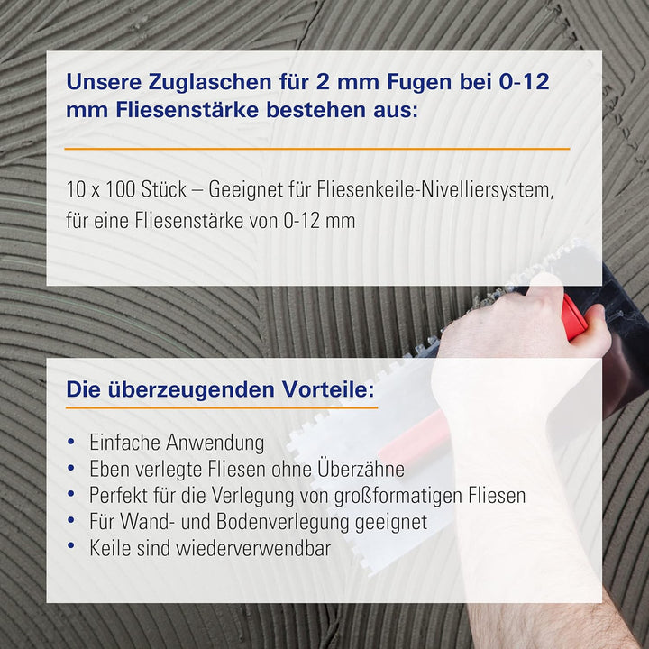 Karl Dahm Zuglaschen für 2 mm Fugen bei einer Fliesenstärke von 0-12 mm, 10x 100 Stück – Geeignet fü