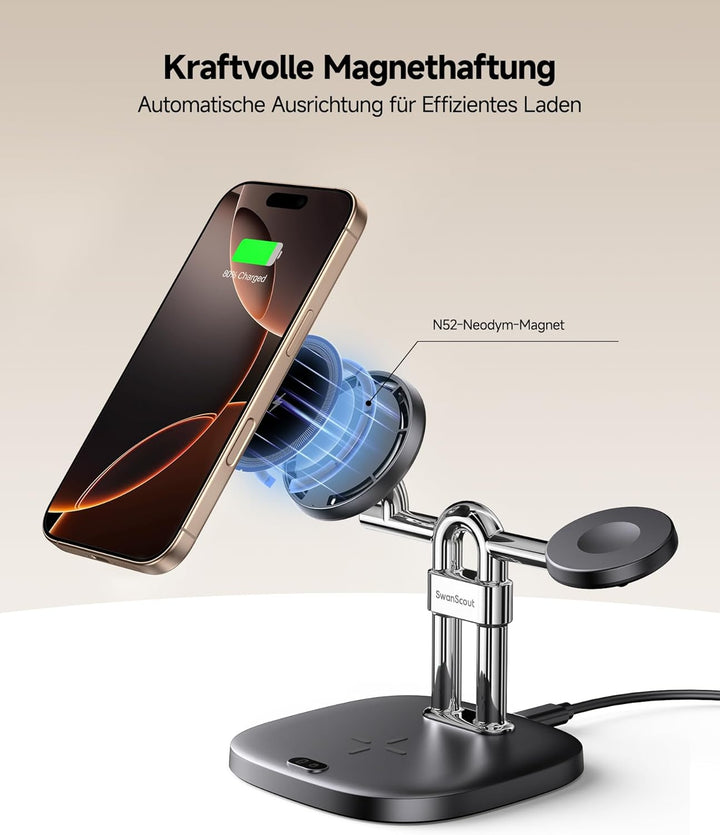 SwanScout Magnetische Ladegerät, 3 in 1 Induktive Ladestation für iPhone 17/Air/16/15/14/13/12, Wire