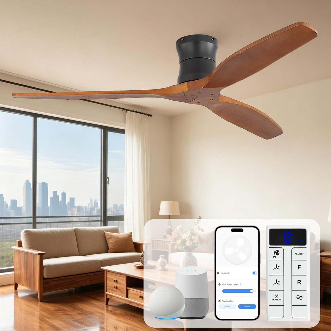 Sofucor Smart Deckenventilator mit Alexa/APP, 132cm Massivholz Deckenventilator mit Fernbedienung, W