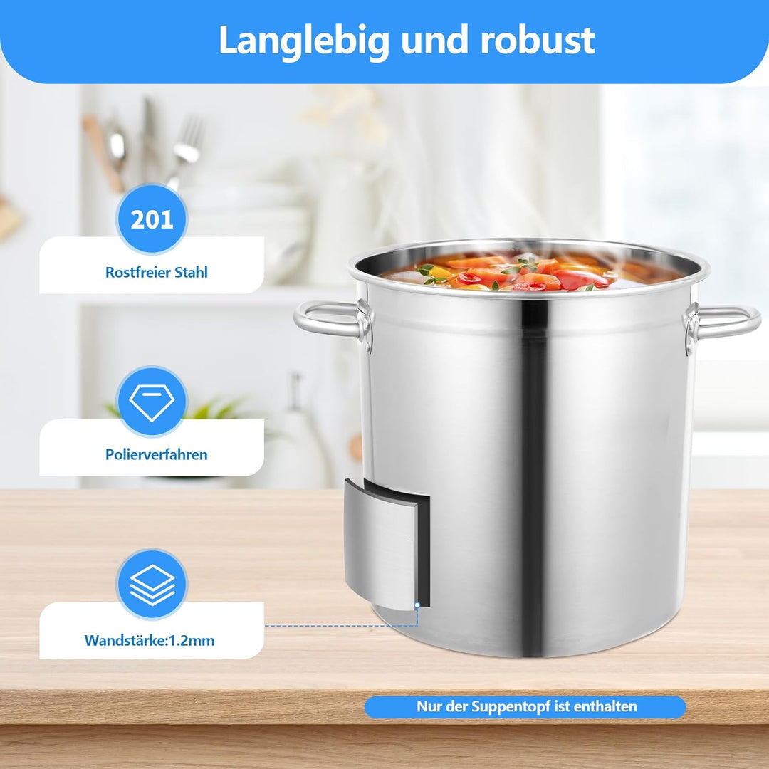 Edelstahl Suppentopf 35 Liter, Kochtopf Gross mit Verdickte Boden Ebener Boden Anti-Rutsch-Rillen De