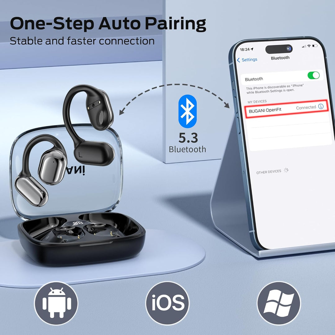 BUGANI Open Ear Kopfhörer, Ohrhaken Kopfhörer Kabellos Bluetooth IPX6 Wasserdicht, 30H Laufzeit, Blu