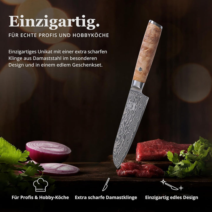 zayiko Kinone Premium Kleines Santokumesser - 12 cm Klinge, 67 Lagen Damaststahl, ergonomischer Birk