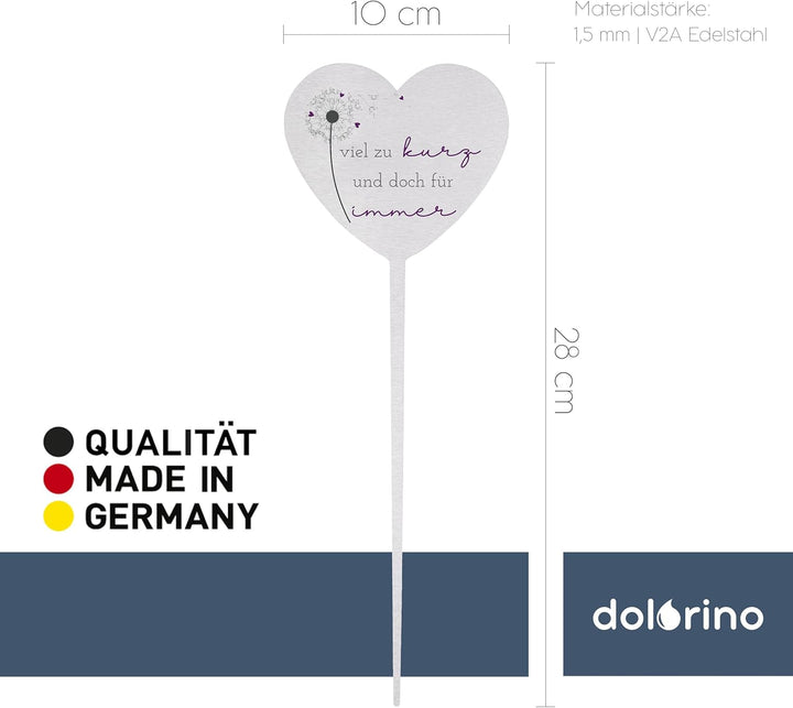 Dolorino Grabstecker Edelstahl Herz mit Spruch | viel zu kurz und doch für Immer | Grabschmuck | Dek