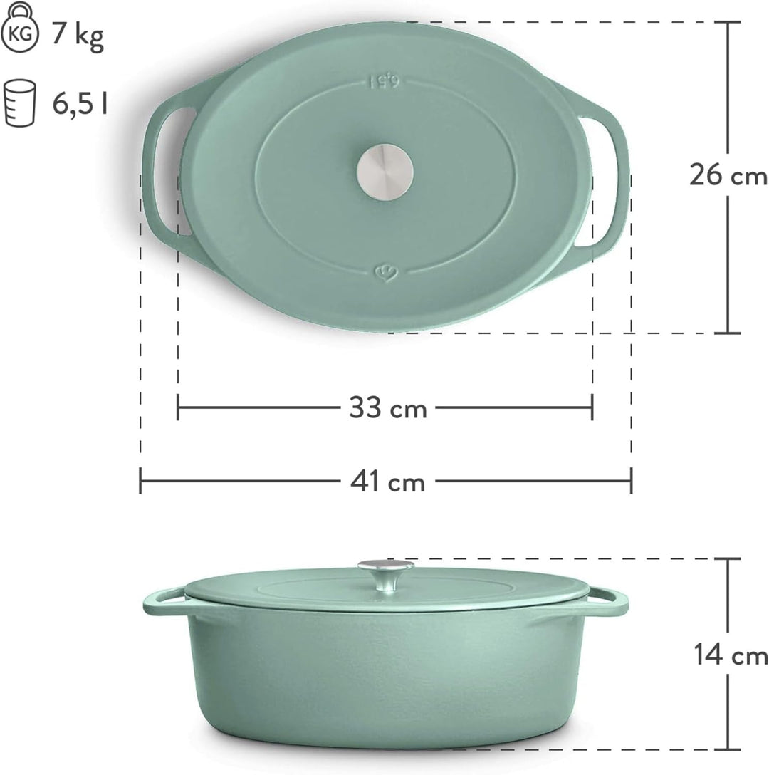 SPRINGLANE Cocotte mit Deckel, Mint, oval, 33 cm, 6,5 L, Gusseisen Bräter, Schmortopf Induktion Brät