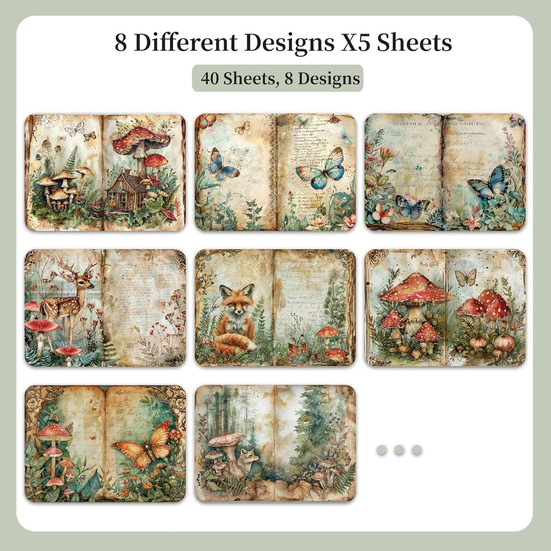 Scrapbook Papier Wald Muster Scrapbook Bastelpapier, Vintage Motivpapier mit Waldtiere Schmetterling