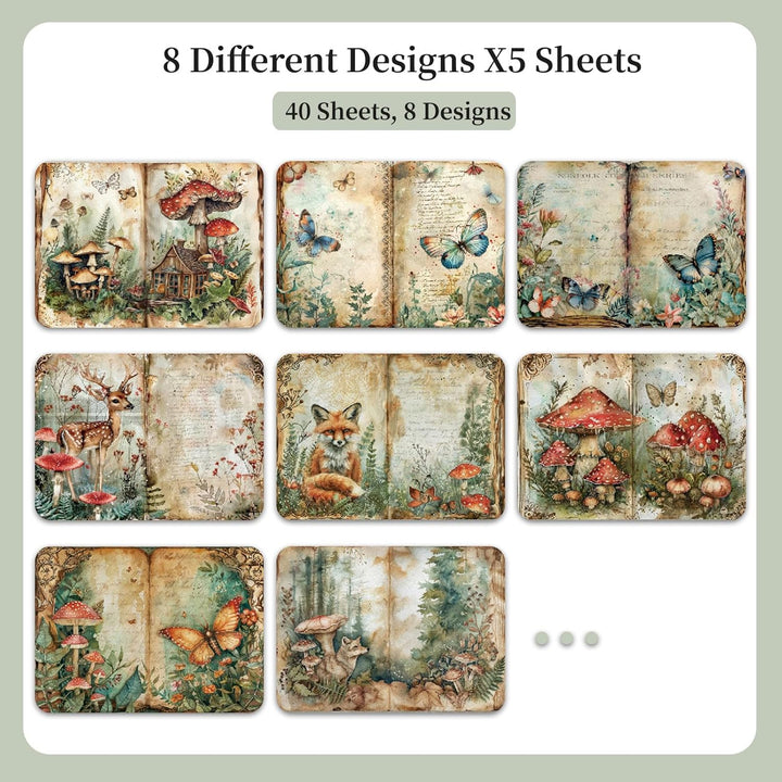 Scrapbook Papier Wald Muster Scrapbook Bastelpapier, Vintage Motivpapier mit Waldtiere Schmetterling