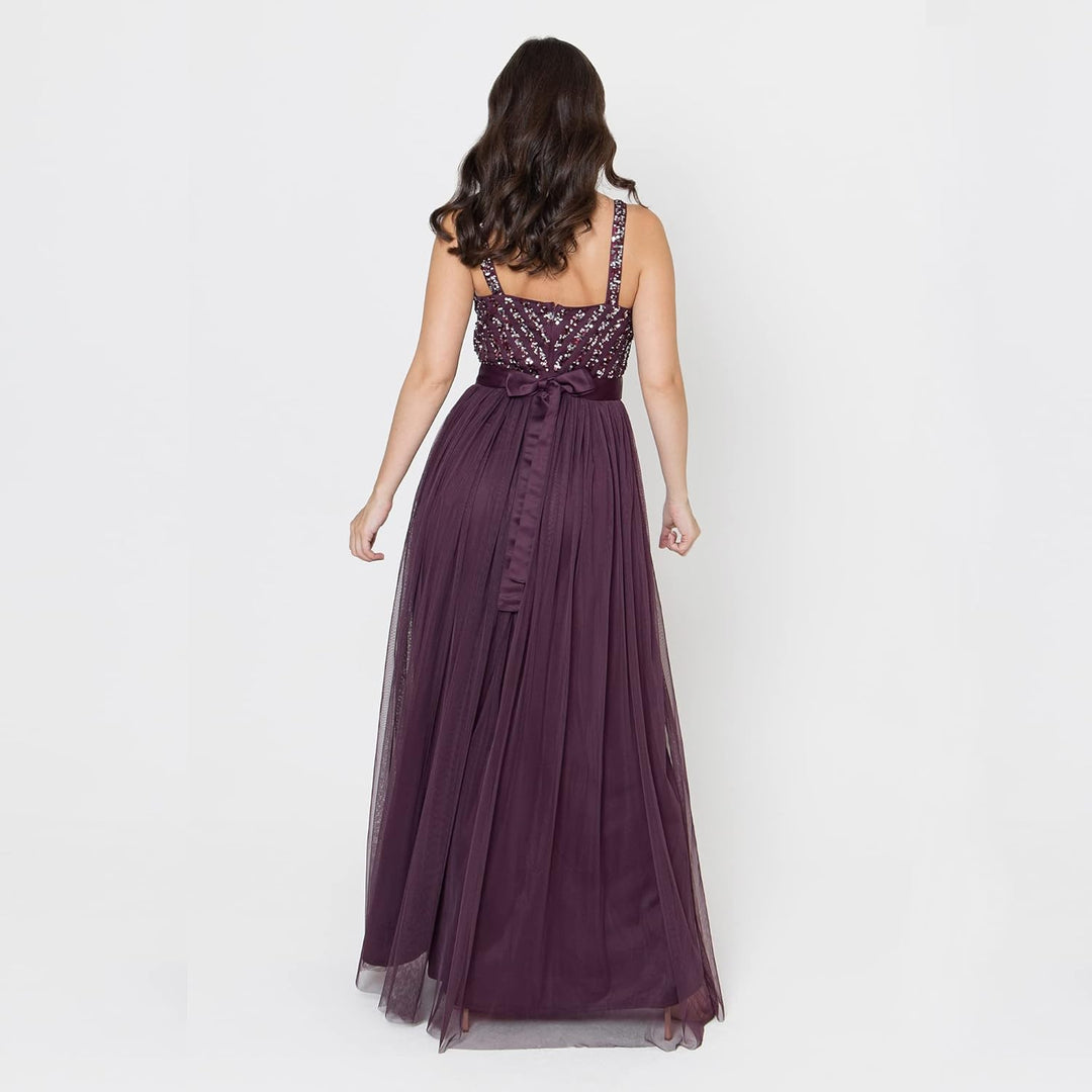 Maya Deluxe Damen Maxi Abendkleid Elegant für Hochzeit mit V-Ausschnitt Tüllkleid Schleife Brautjung