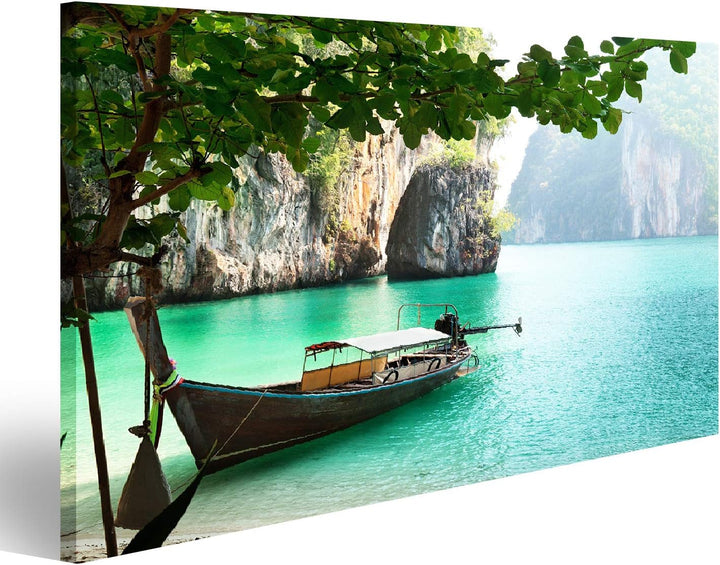 Bild auf Leinwand Langes Boot Auf Die Insel In Thailand Wandbild Poster Kunstdruck Bilder, 80L x 40B